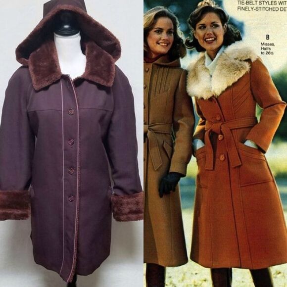 Vintage Jackets & Blazers - VINTAGE 1970s ILGWU Oxblood Thick Sherpa Lined Hooded Button Up Cuffed Coat